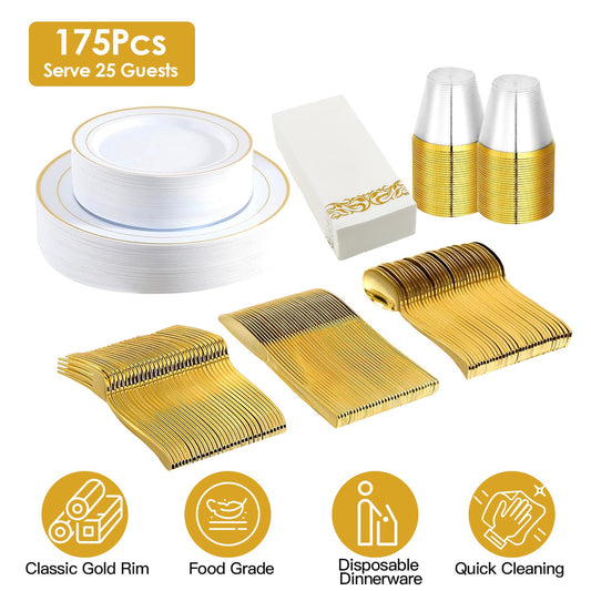 175-piece disposable gold dinnerware set with plates, cups, forks, spoons, knives, and napkins