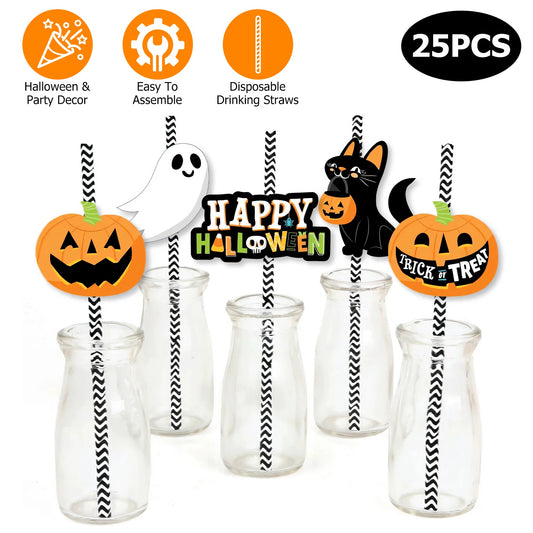25pcs Halloween paper straws with ghost, lantern, and black cat designs