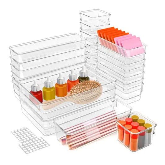 25-Pcs Clear Plastic Drawer Organizers Set