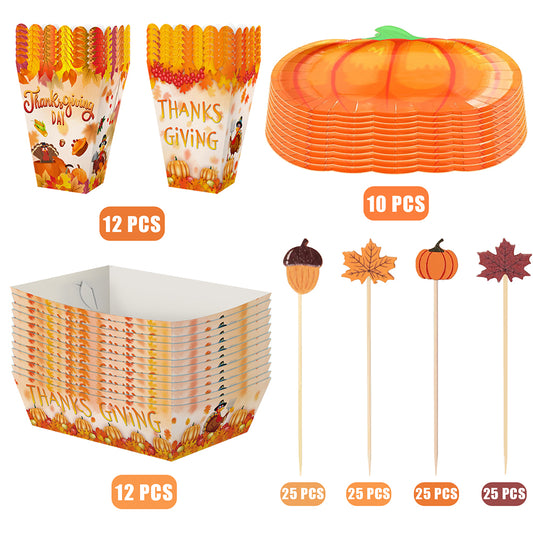 134-piece Thanksgiving party tableware set with pumpkin plates, trays, and popcorn boxes